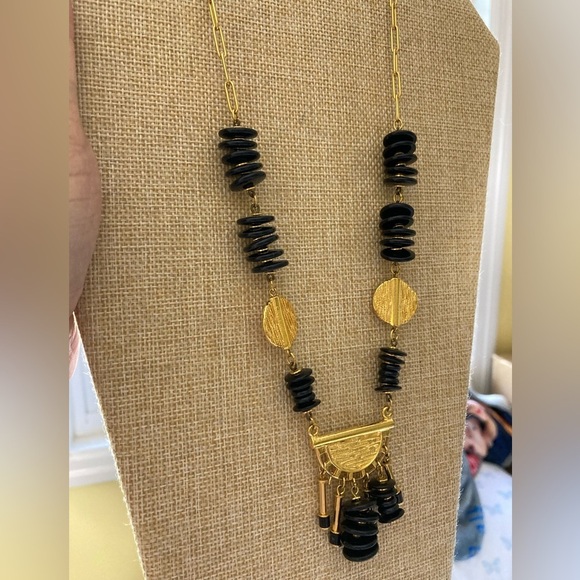 Ethnic Tribal Vintage Gold Tone and Black Beads Necklace‎ Barrel Clasp - Picture 7 of 9